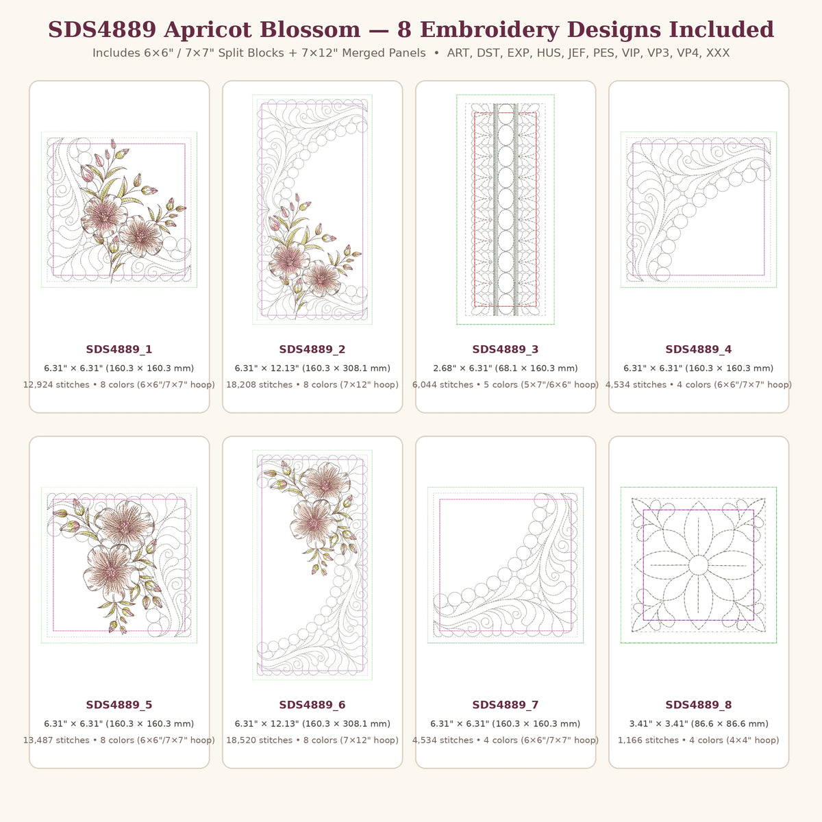 SDS4889 Apricot & Peach Blossom 8 embroidery designs specifications grid with exact sizes, stitch counts, and hoop requirements