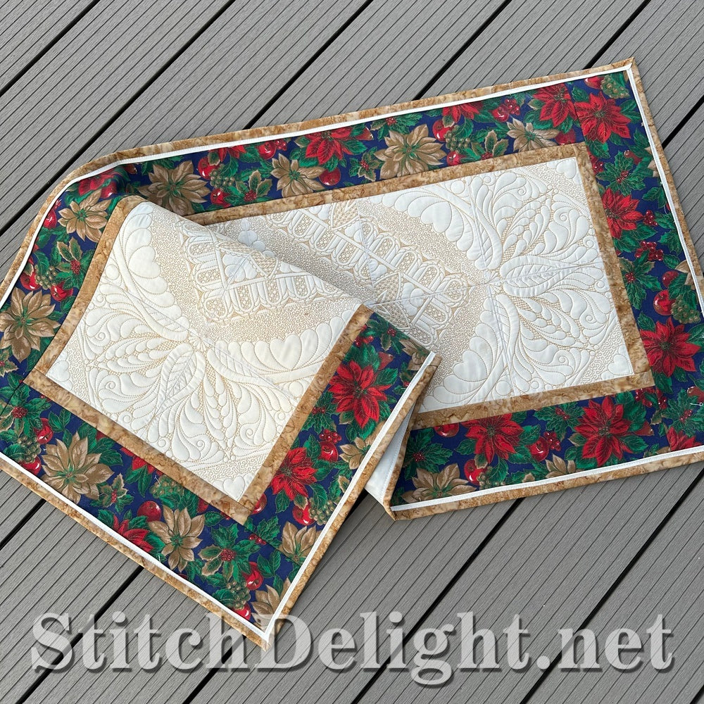 Folded Golden Delight Christmas table runner, in the hoop quilting embroidery design