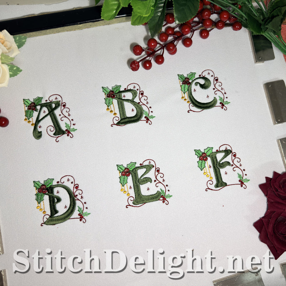 Holly Noel Christmas monogram alphabet A to F, machine embroidery
