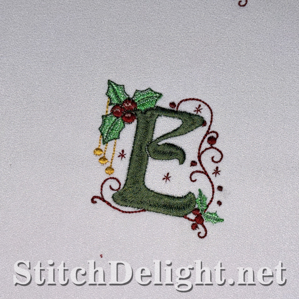 Holly Noel Christmas monogram letter E embroidered on white