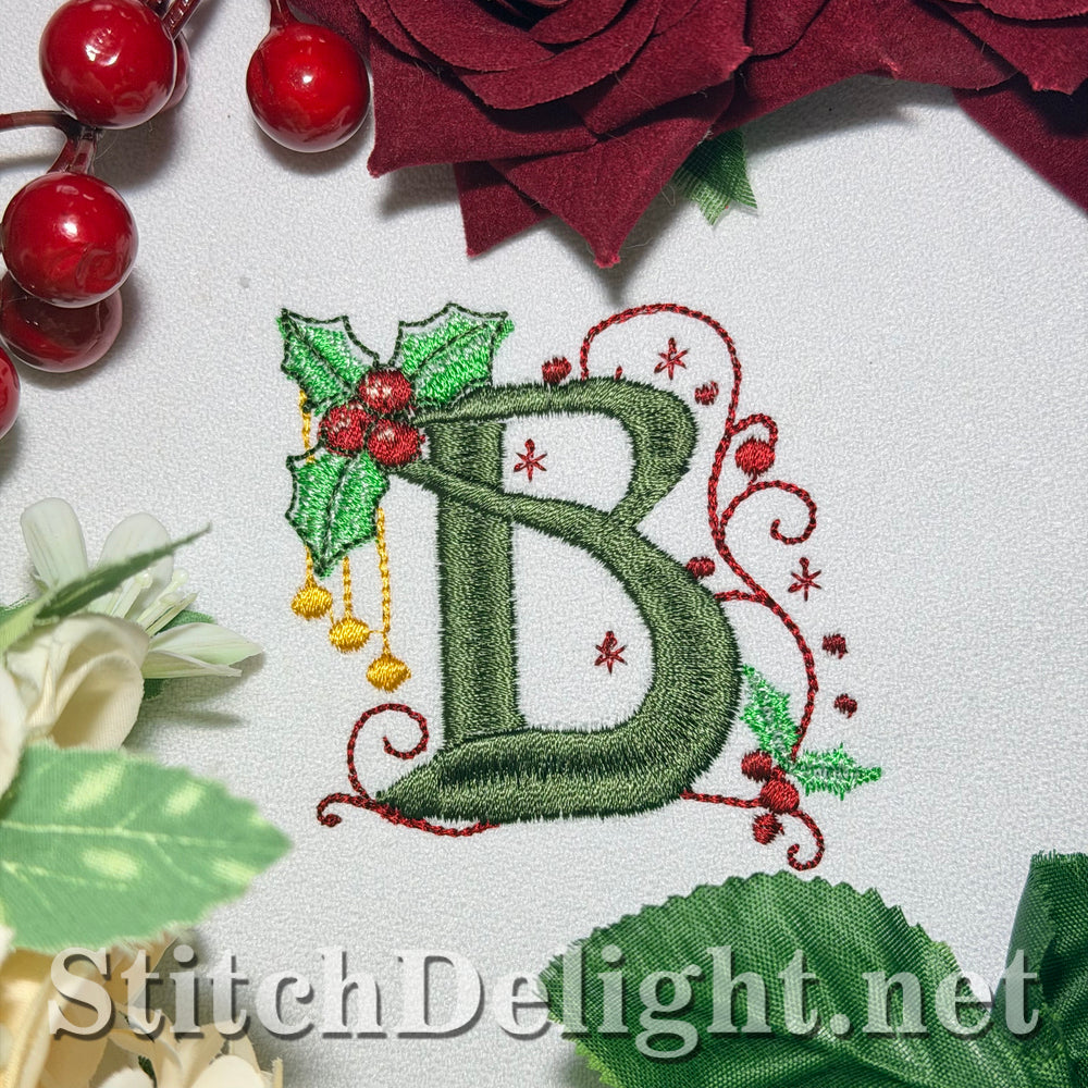 Holly Noel embroidery font letter B with holly and red berries