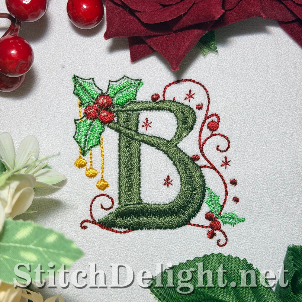 Holly Noel letter B machine embroidery design, Christmas holly