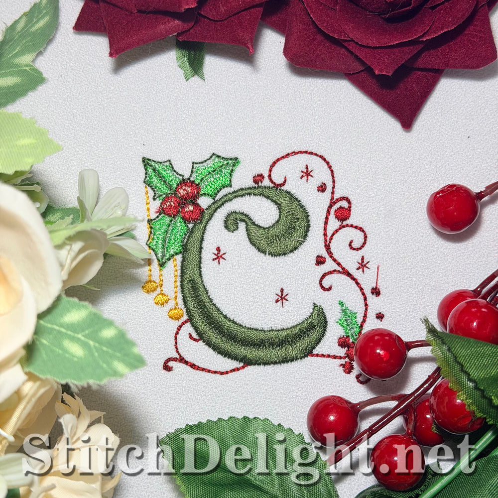 Holly Noel embroidery font letter C with holly and red berries