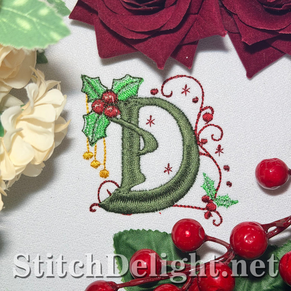 Holly Noel embroidery font letter D with holly and red berries
