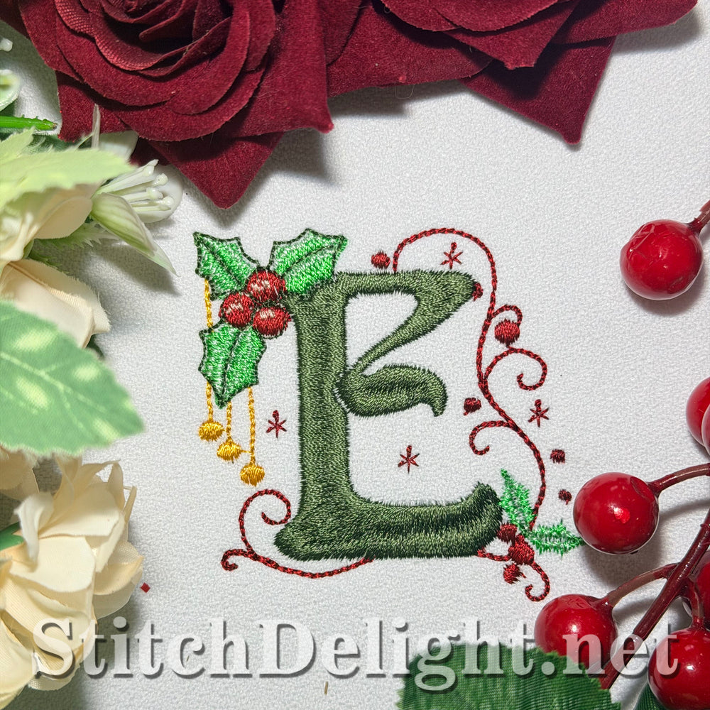 Holly Noel embroidery font letter E with holly and red berries