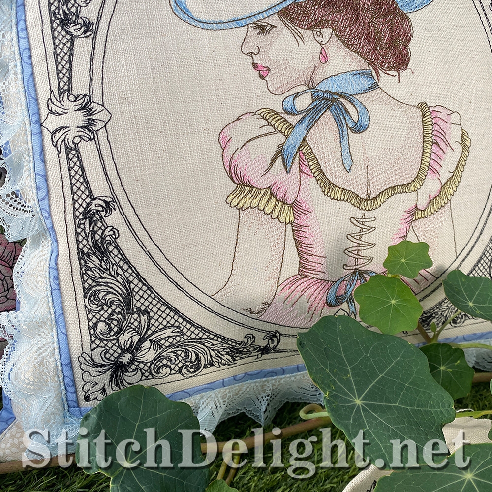 Artistic depiction of a woman in a decorative frame with green leaves at the bottom.