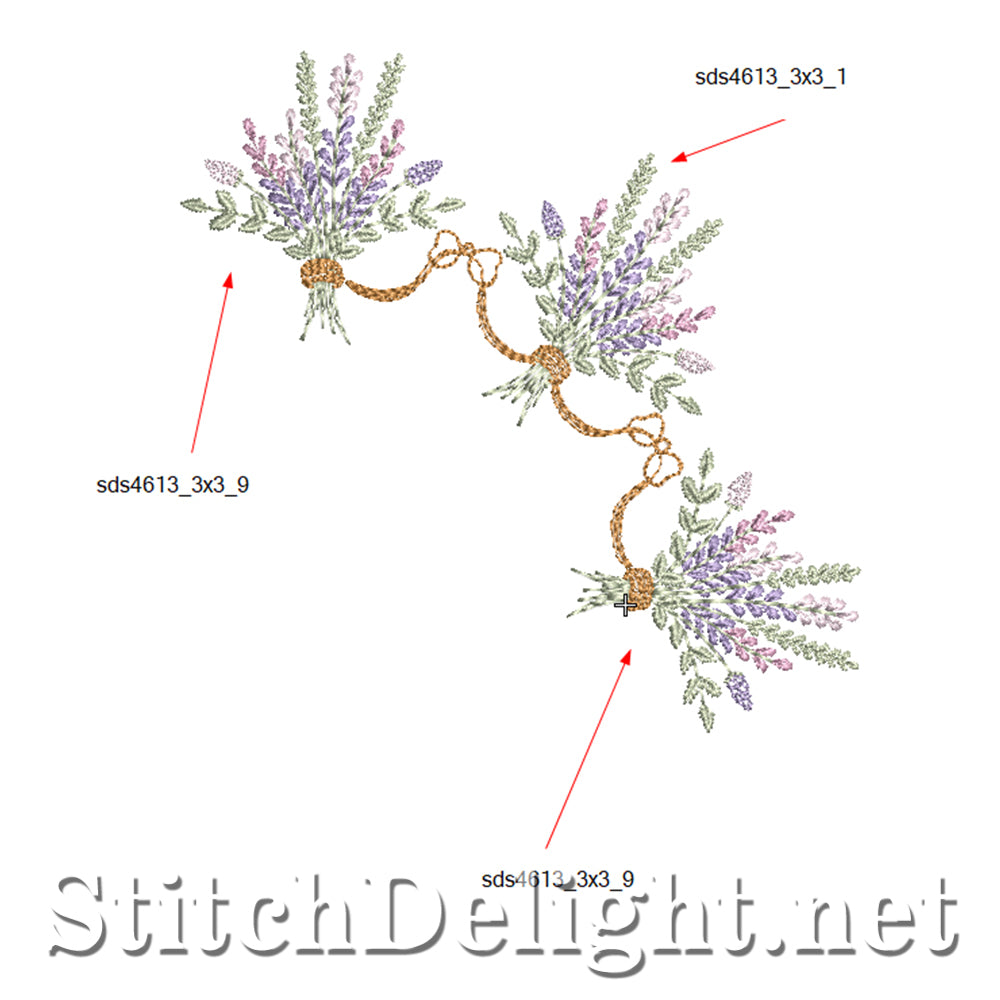 Embroidery design of a floral pattern with lavender flowers and gold accents on a white background, featuring the brand 'StitchDelight.net'.