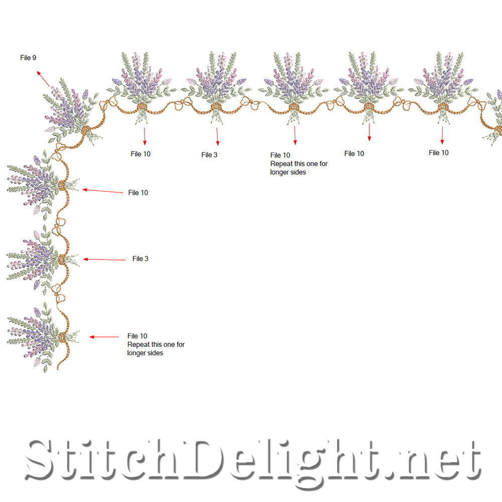 Design pattern for embroidery with lavender flowers and gold thread, sourced from StitchDelight.net.
