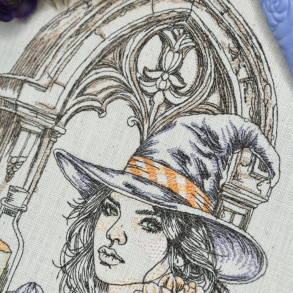 Illustration of a witch with a hat and broomstick against a decorative arch background