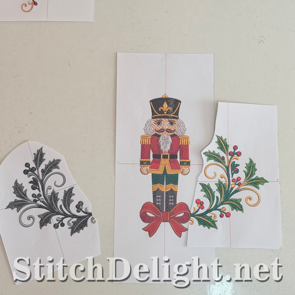 The printed templates laid out: a holly spray, the nutcracker and the second holly spray, showing how the designs line up