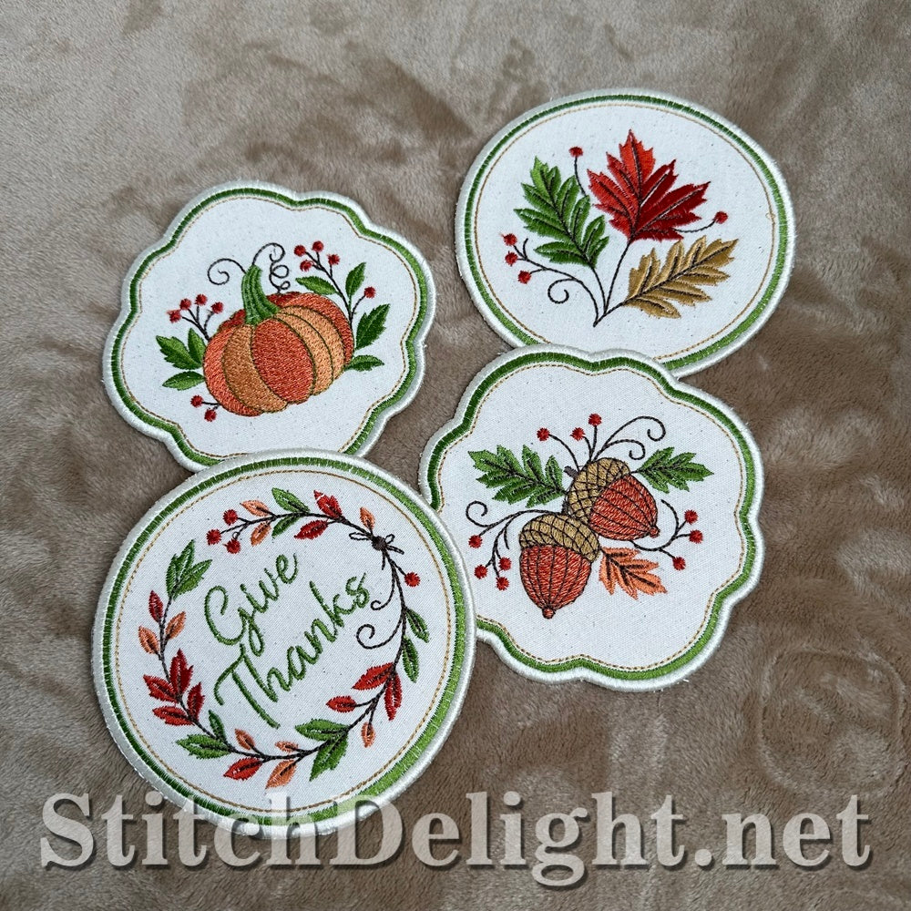 Four ITH Thanksgiving coasters with scalloped and round satin edges, machine embroidery design