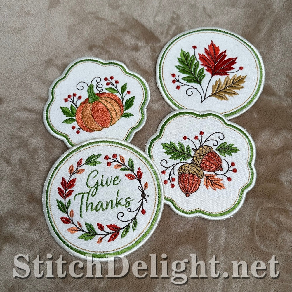 Give Thanks wreath, pumpkin, acorn and autumn leaf coasters, in the hoop embroidery design