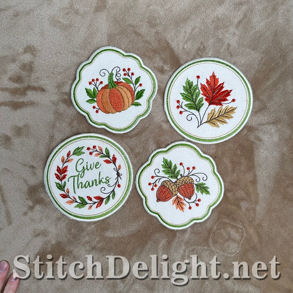 Autumn leaves, pumpkin, acorns and Give Thanks embroidered coasters, ITH coaster set