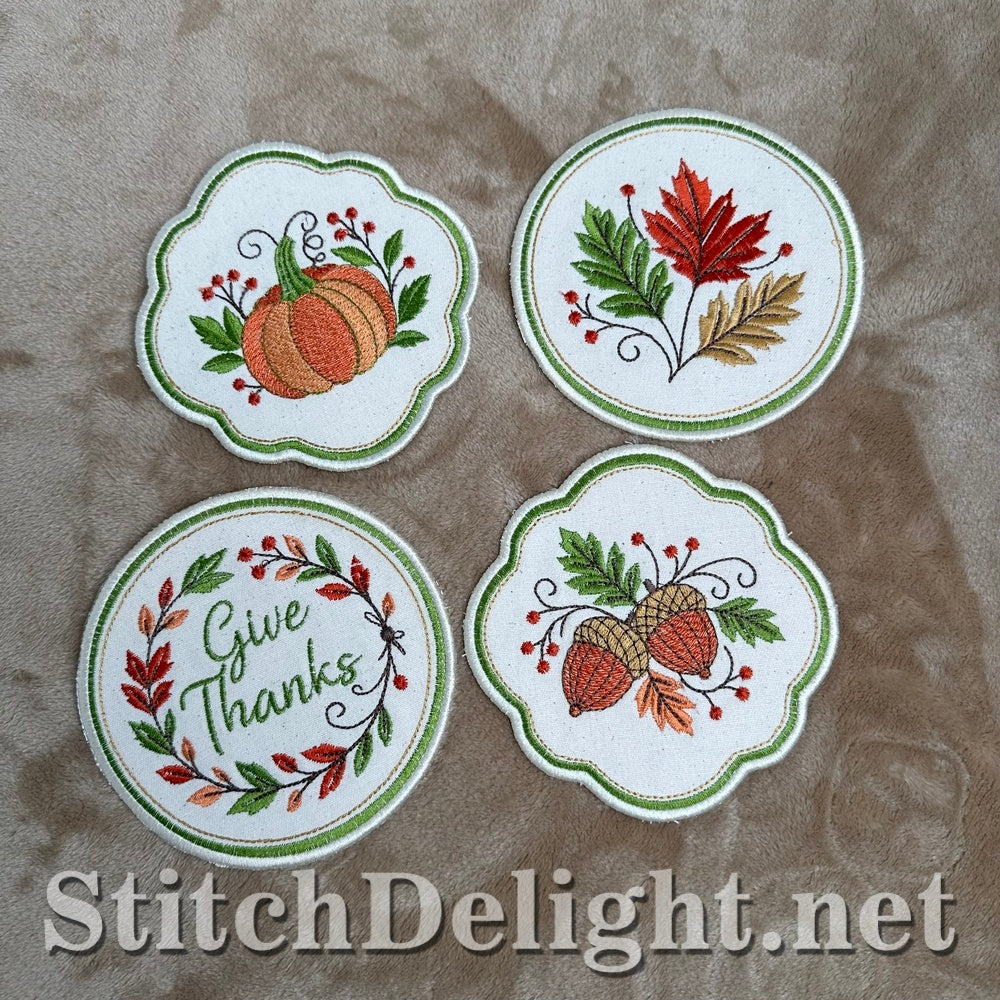 Four embroidered fall coasters with green satin borders, Thanksgiving ITH embroidery design
