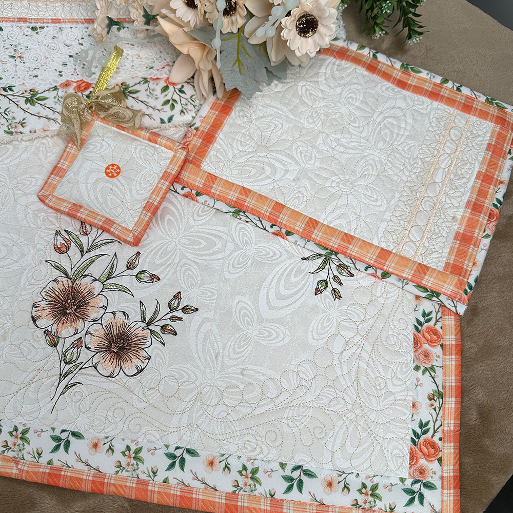 SDS4889 Apricot Blossom heirloom quilted placemat and 3-in-1 buttoned sachet / pin cushion / ornament stitched in the hoop