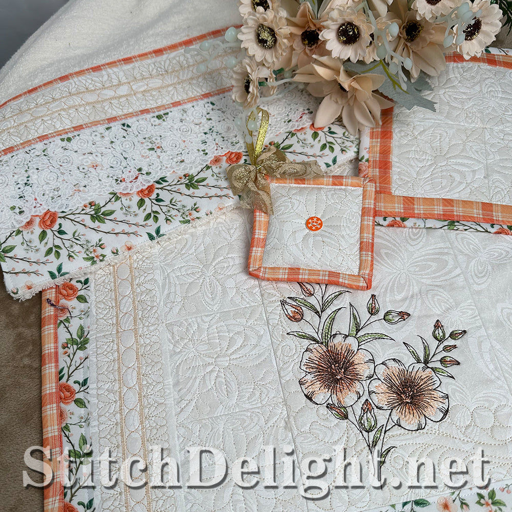 SDS4889 Apricot Blossom close-up of quilted placemat, lace-trimmed guest towel border, and 3-in-1 tufted square