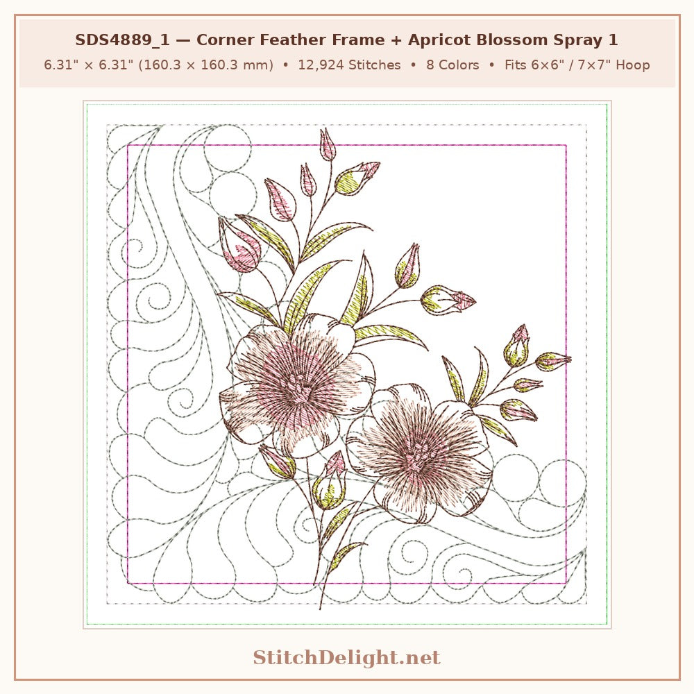 SDS4889_1 Corner Feather Frame + Apricot & Peach Blossom Spray 1 (6.31 x 6.31 in, 12,924 stitches, 8 colors)