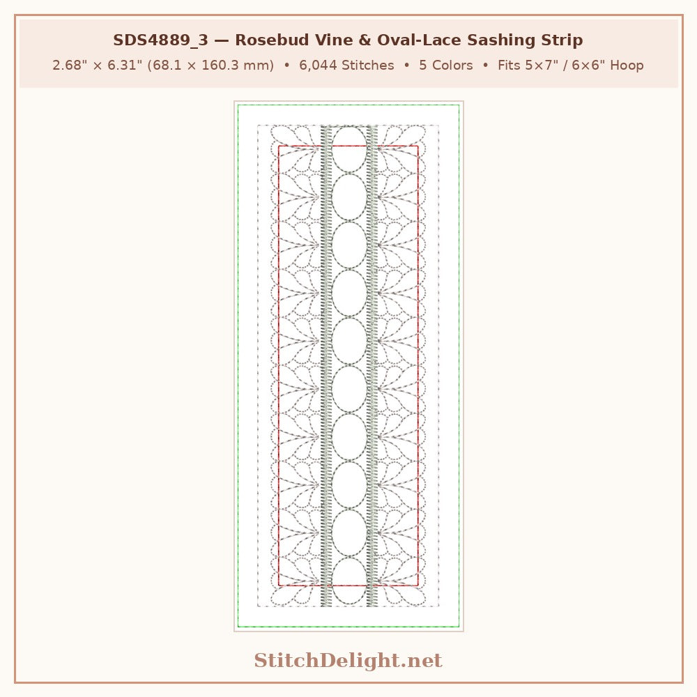 SDS4889_3 Apricot & Peach Blossom Rosebud Vine & Oval-Lace Sashing Strip (2.68 x 6.31 in, 6,044 stitches, 5 colors)