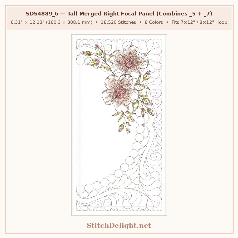 SDS4889_6 Apricot & Peach Blossom Tall Merged Right Focal Panel combining _5 + _7 (6.31 x 12.13 in, 18,520 stitches, 8 colors)