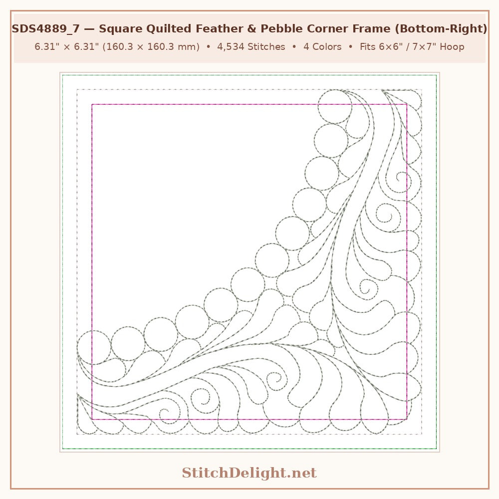 SDS4889_7 Apricot & Peach Blossom Square Quilted Feather & Pebble Corner Frame Bottom-Right (6.31 x 6.31 in, 4,534 stitches, 4 colors)