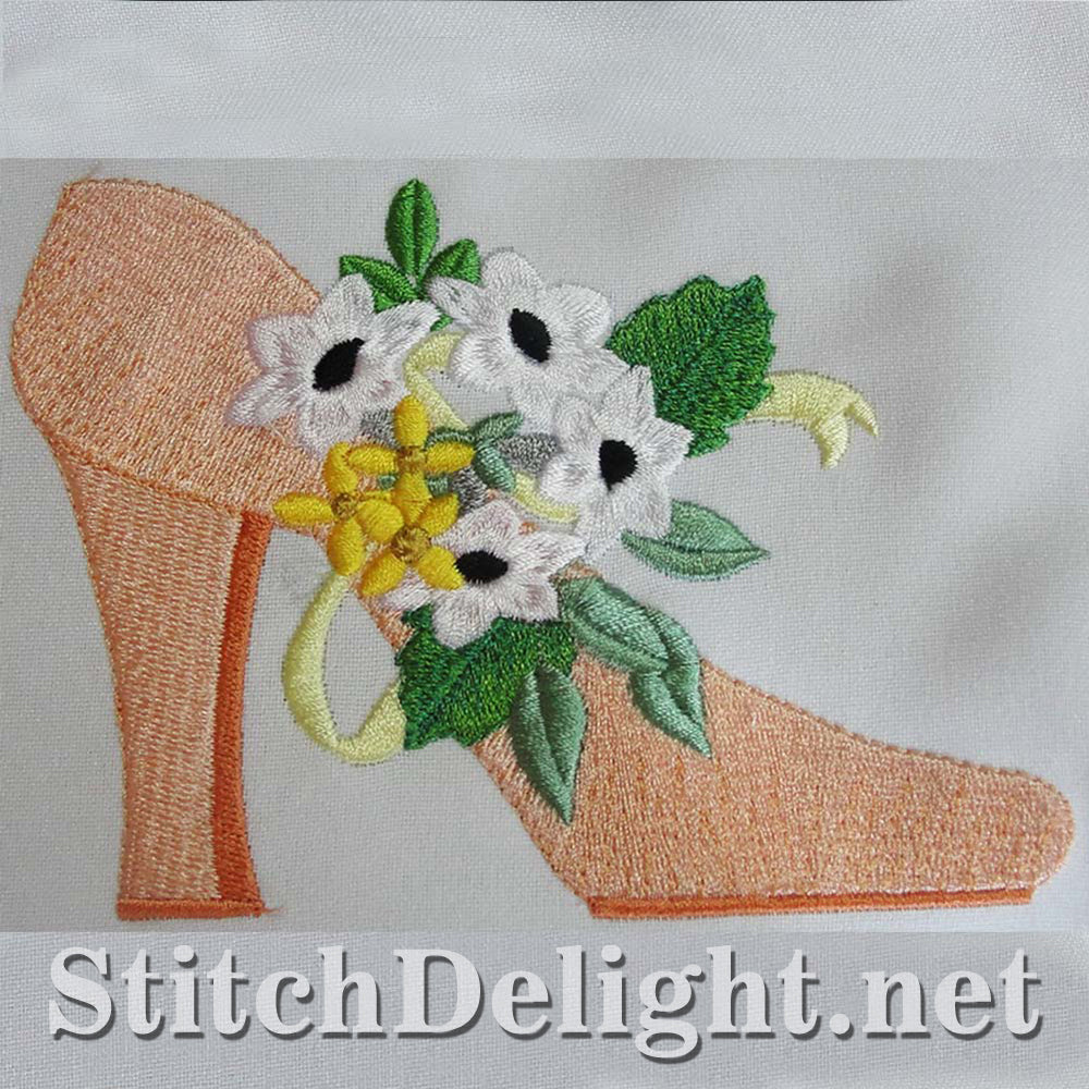 Elegant single design featuring stunning shoes with exquisite flowers for the 4x4 hoop
