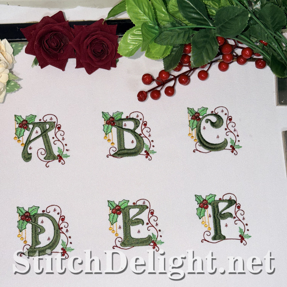 Holly Noel Christmas embroidery font, letters A to F with holly and red berries