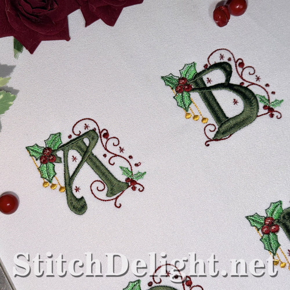Holly Noel embroidery font letters A and B with holly berries