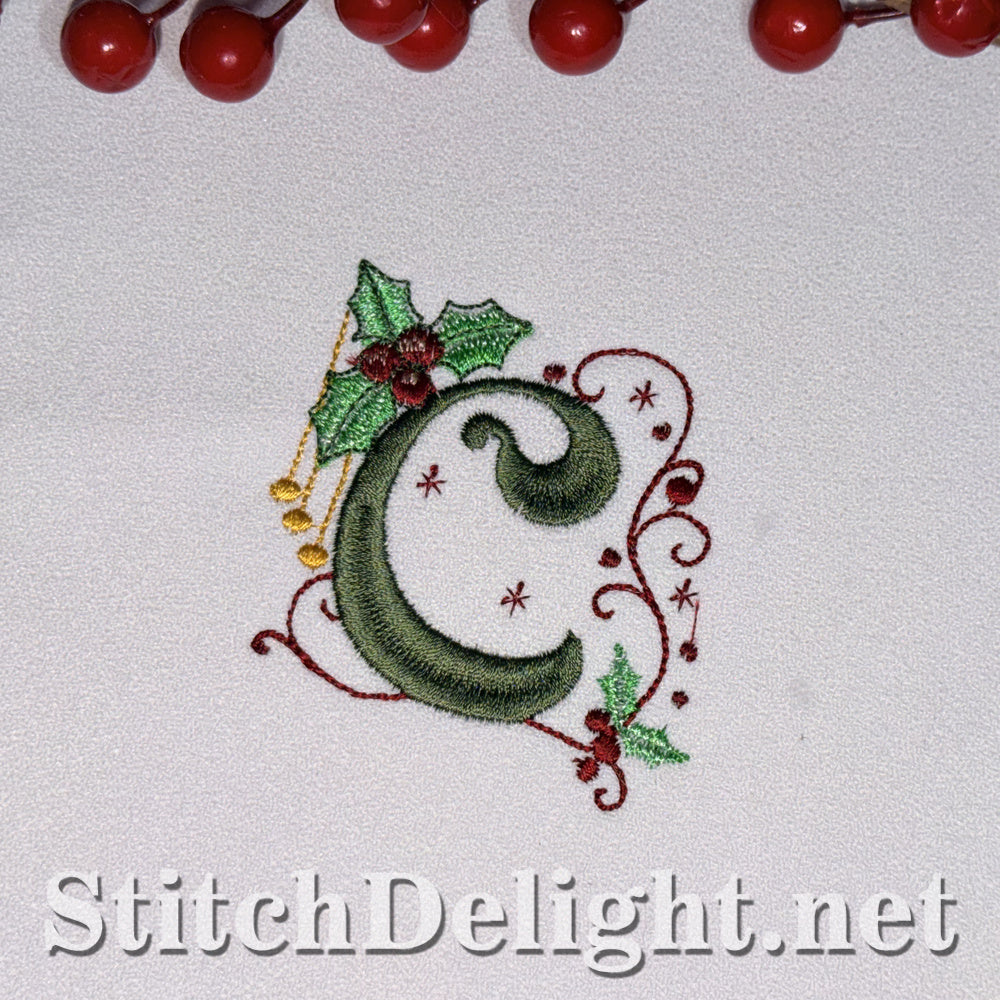 Holly Noel Christmas monogram letter C embroidered on white