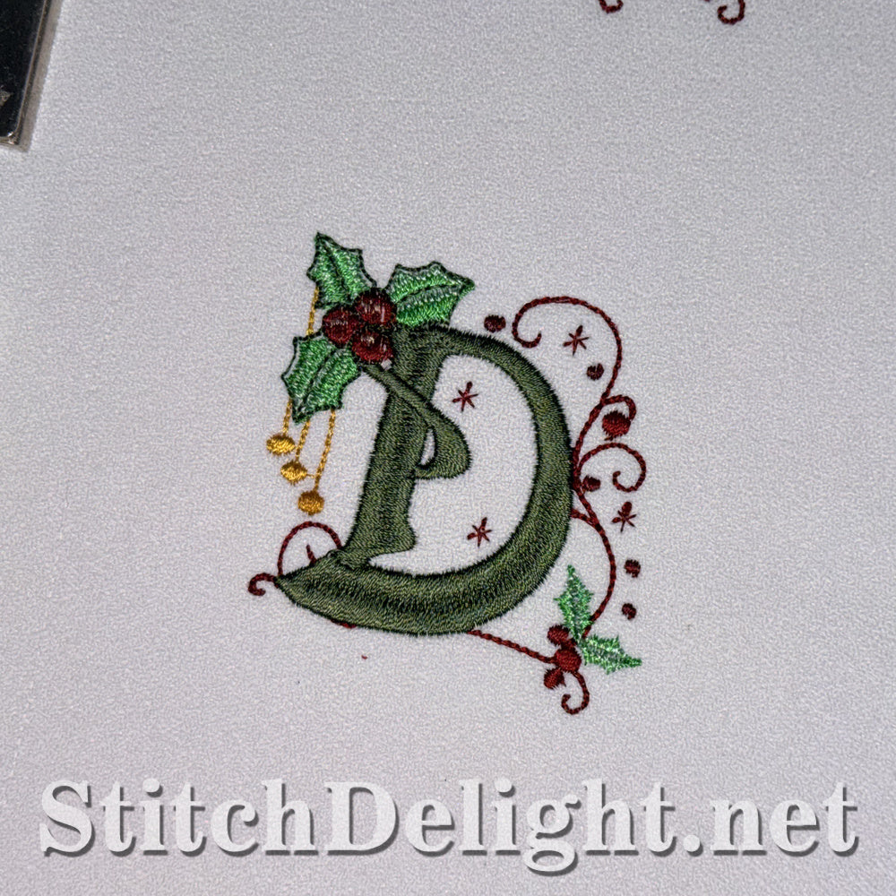 Holly Noel Christmas monogram letter D embroidered on white