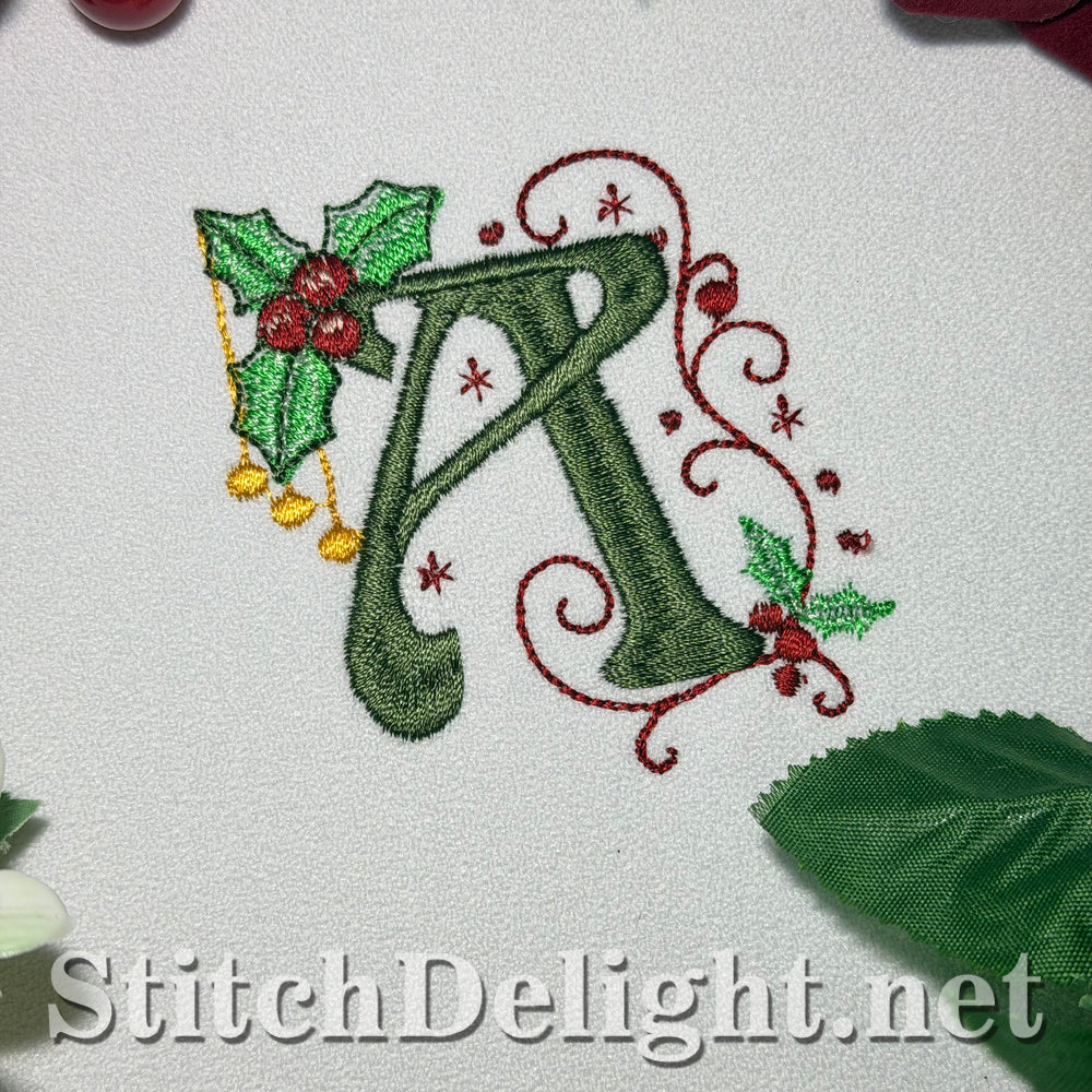 Holly Noel embroidery font letter A with holly leaves, berries and golden baubles