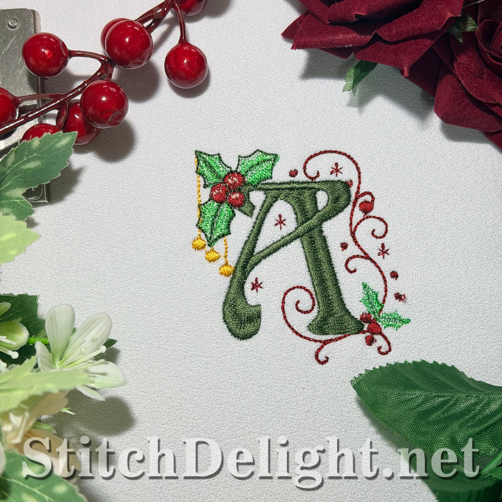 Holly Noel letter A embroidery with festive red berries and roses