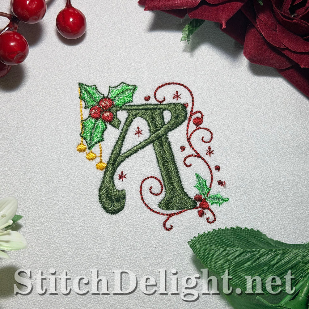 Holly Noel letter A machine embroidery design, Christmas holly