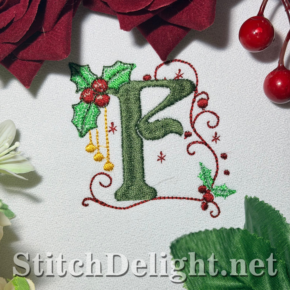 Holly Noel embroidery font letter F with holly and red berries