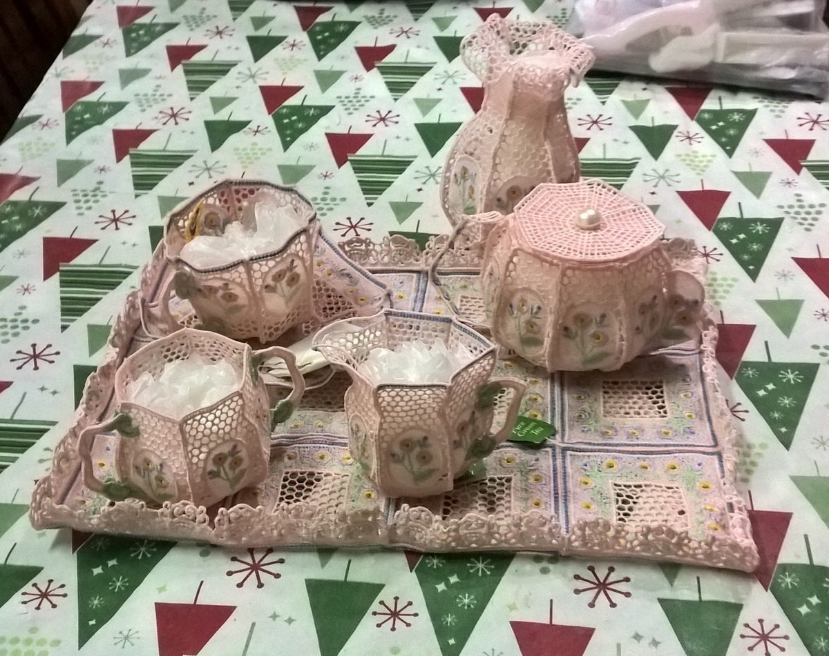 Made by: Barbara – FSL Rose Tea Set machine embroidery