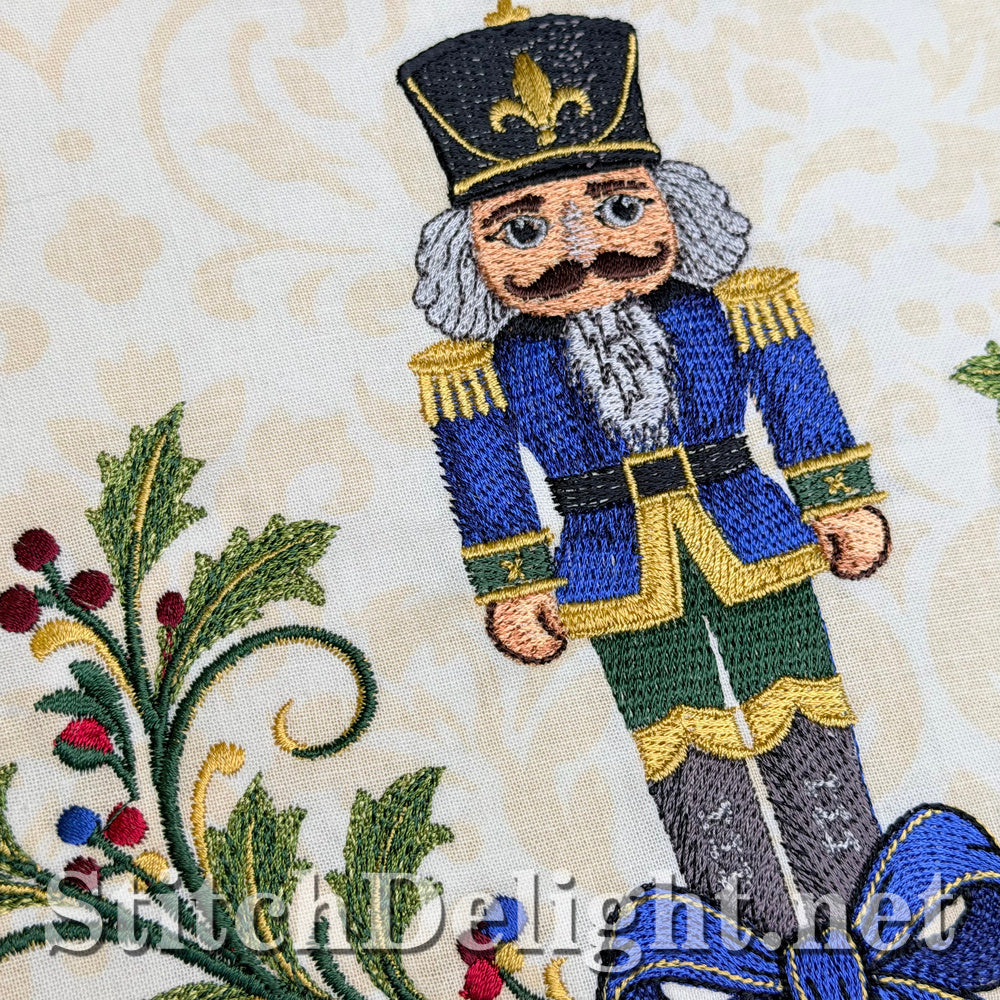 Close-up of the blue nutcracker's face, coat and gold epaulettes