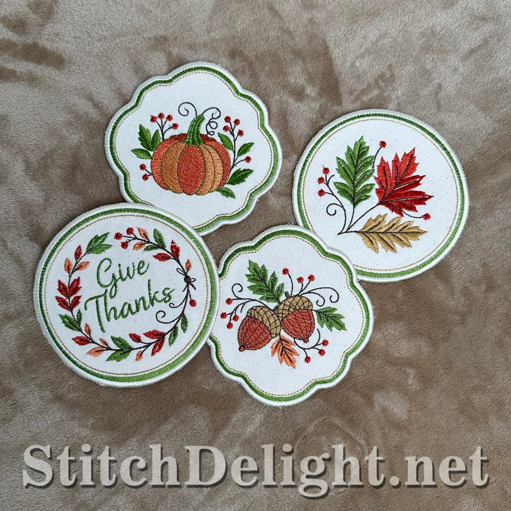 Thanksgiving coaster set of 4 in the hoop machine embroidery designs: acorns, autumn leaves, Give Thanks wreath and pumpkin