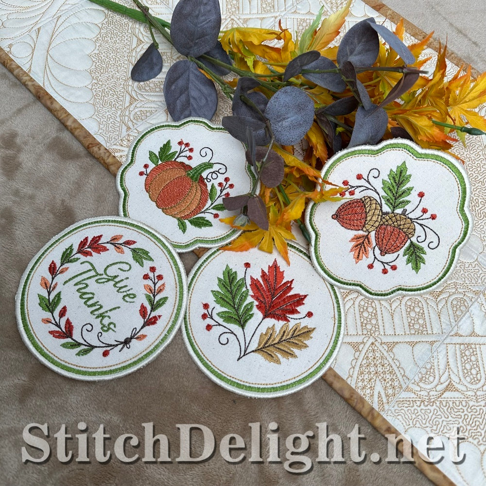 Give Thanks, pumpkin, autumn leaves and acorn coasters on a quilted runner, ITH embroidery
