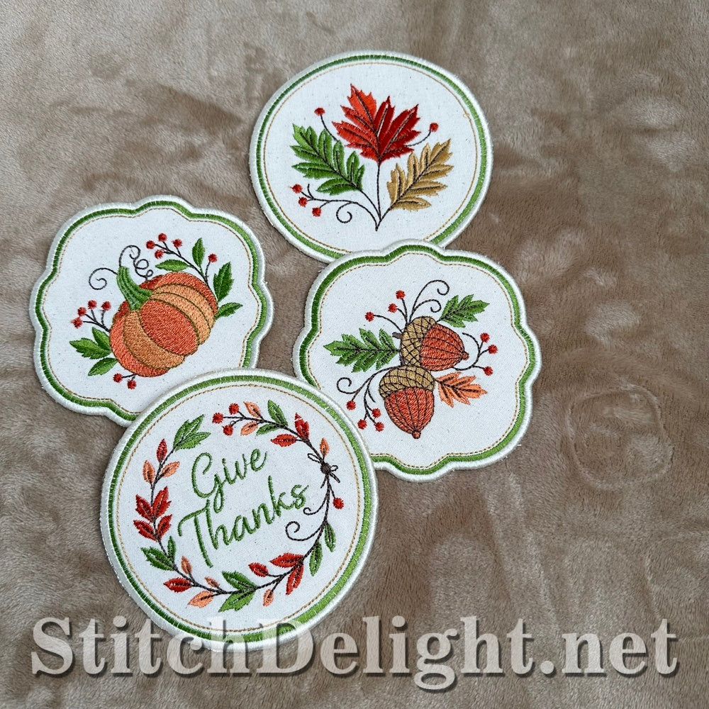 Set of four autumn coasters stitched in the hoop, Thanksgiving machine embroidery design