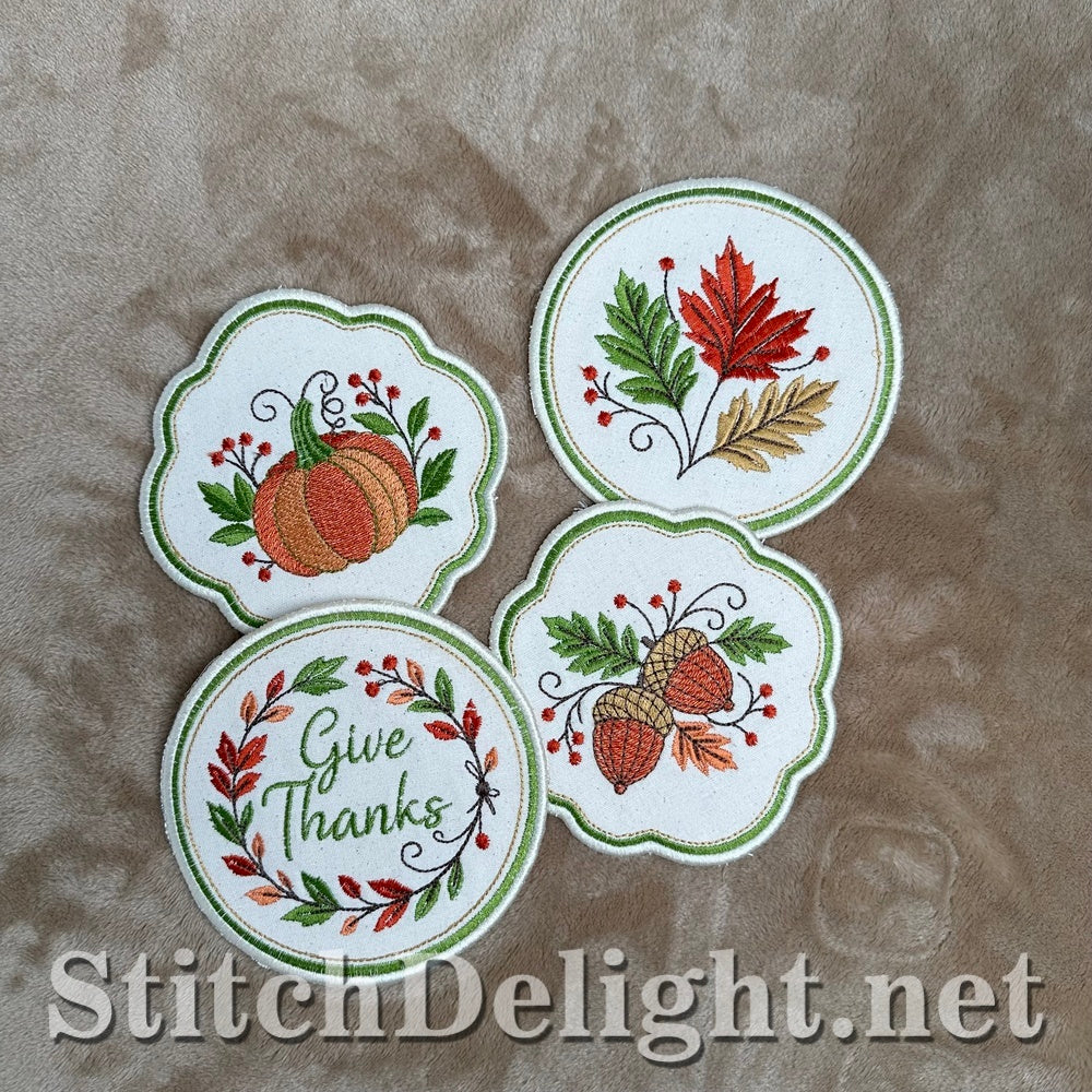 Scalloped pumpkin and acorn coasters with round leaf and Give Thanks coasters, ITH embroidery