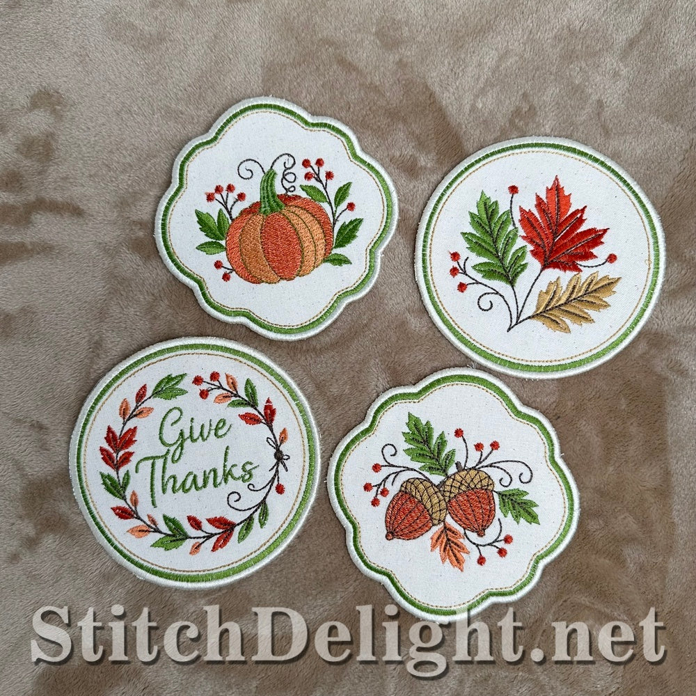 Thanksgiving in the hoop coasters laid out together, fall machine embroidery design set
