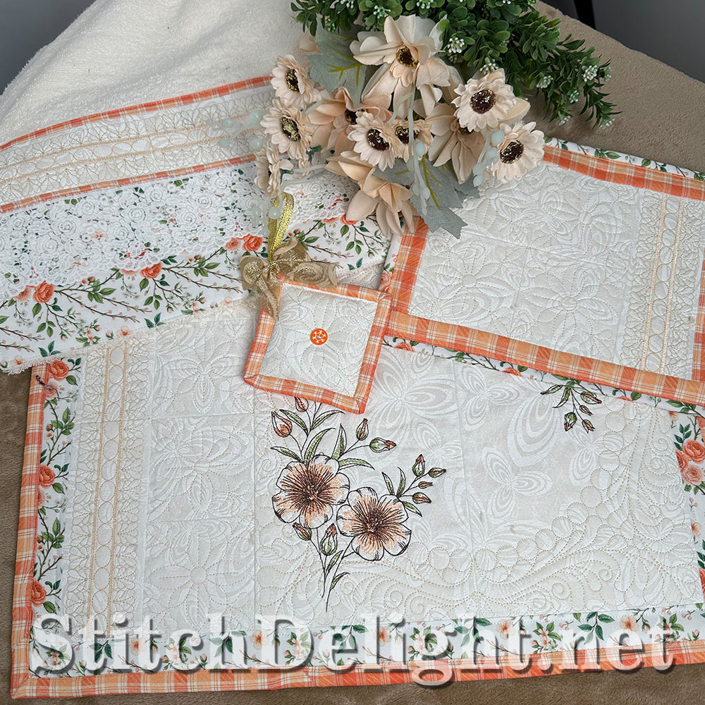 SDS4889 Apricot & Peach Blossom complete 4-project ITH set: quilted placemat, mug rug, lace-trimmed guest towel, and 3-in-1 buttoned square
