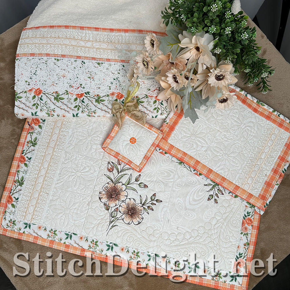 SDS4889 Apricot & Peach Blossom angled showcase of all 4 finished in-the-hoop embroidery projects