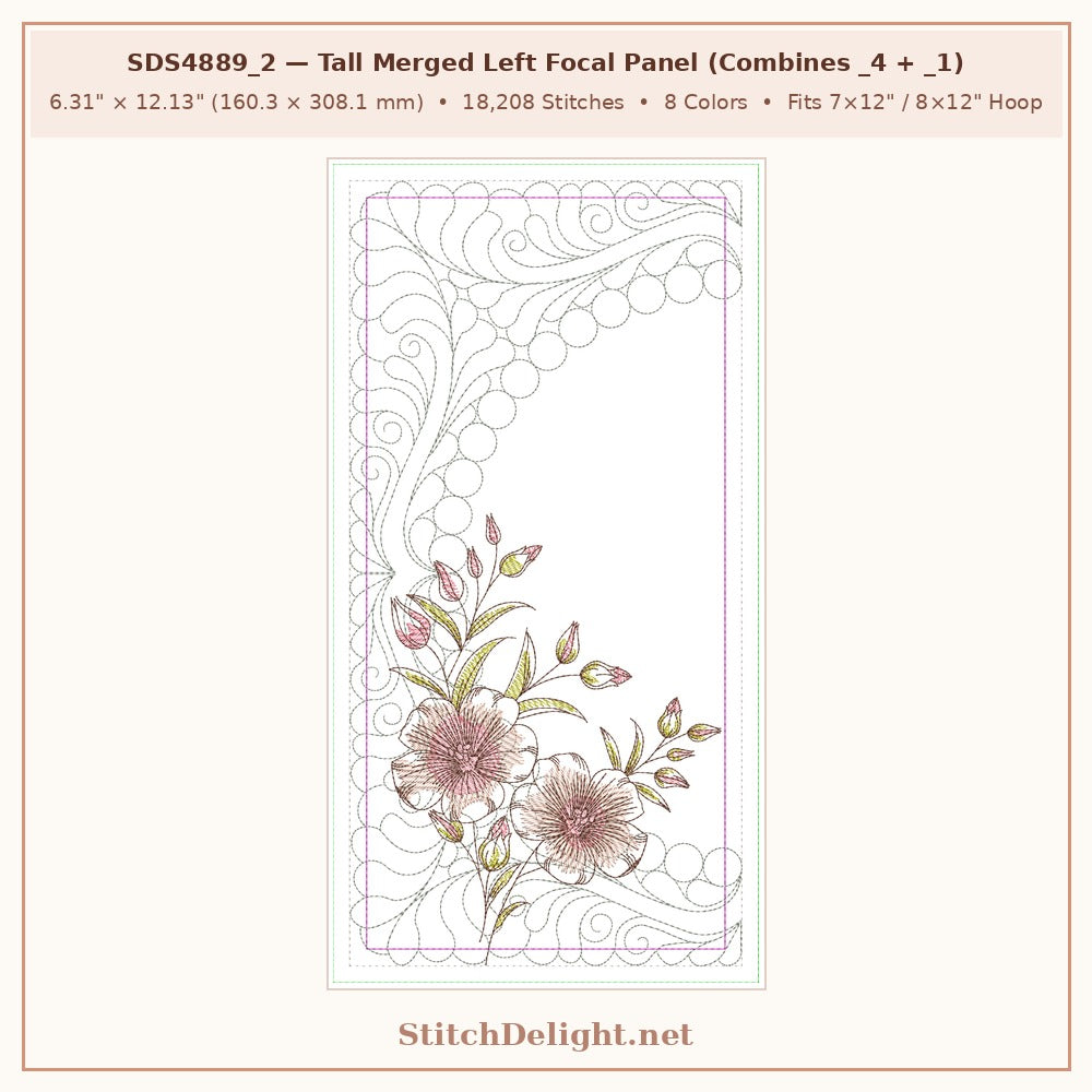 SDS4889_2 Apricot & Peach Blossom Tall Merged Left Focal Panel combining _4 + _1 (6.31 x 12.13 in, 18,208 stitches, 8 colors)