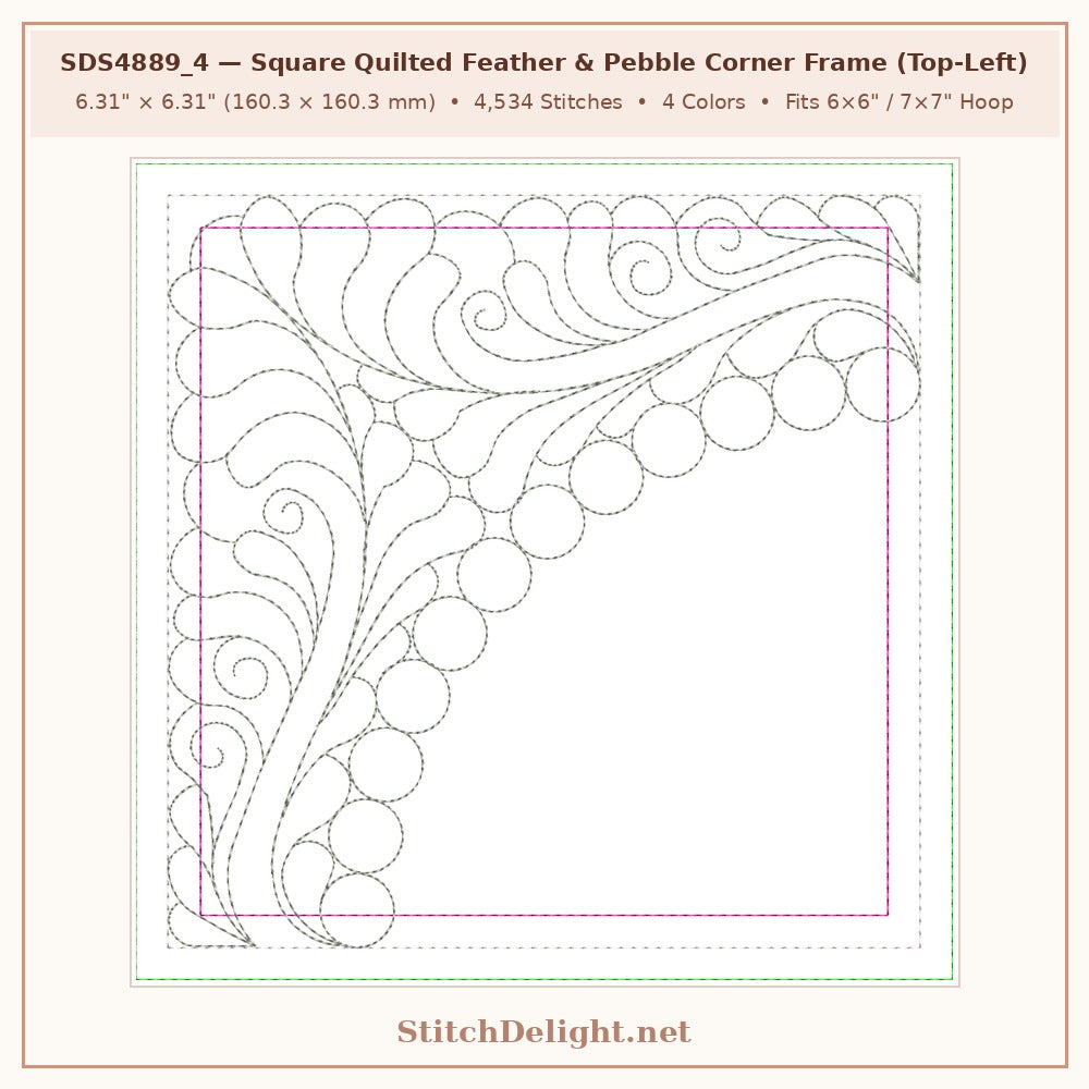 SDS4889_4 Apricot & Peach Blossom Square Quilted Feather & Pebble Corner Frame Top-Left (6.31 x 6.31 in, 4,534 stitches, 4 colors)