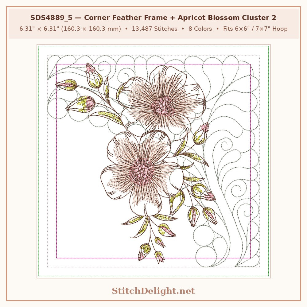SDS4889_5 Corner Feather Frame + Apricot & Peach Blossom Cluster 2 (6.31 x 6.31 in, 13,487 stitches, 8 colors)