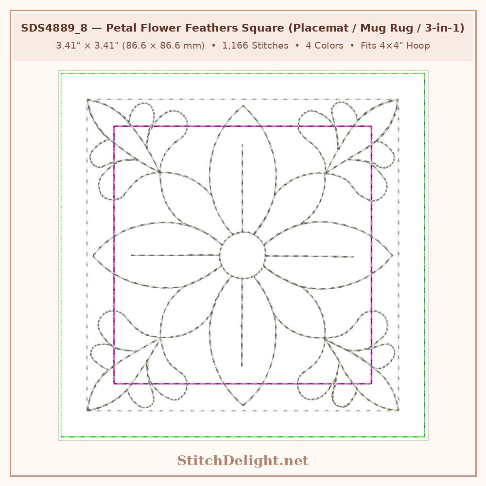 SDS4889_8 Apricot & Peach Blossom Petal Flower Feathers Square for Placemat, Mug Rug & 3-in-1 Sachet / Pin Cushion / Ornament (3.41 x 3.41 in, 1,166 stitches, 4 colors)