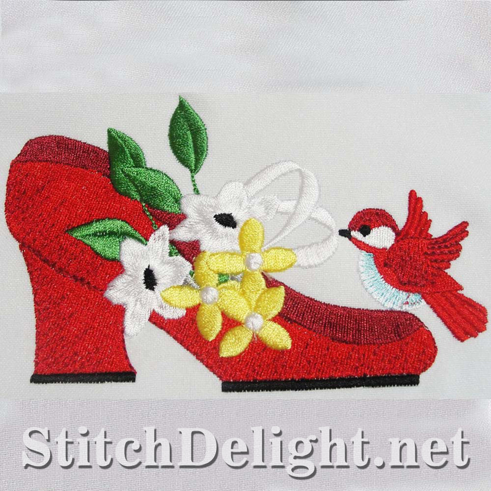 Elegant single design featuring stunning shoes with exquisite flowers for the 4x4 hoop