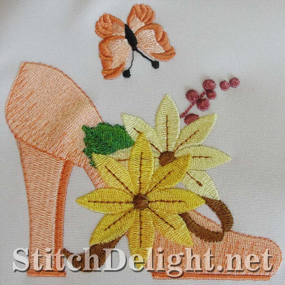 Elegant single design featuring stunning shoes with exquisite flowers for the 4x4 hoop