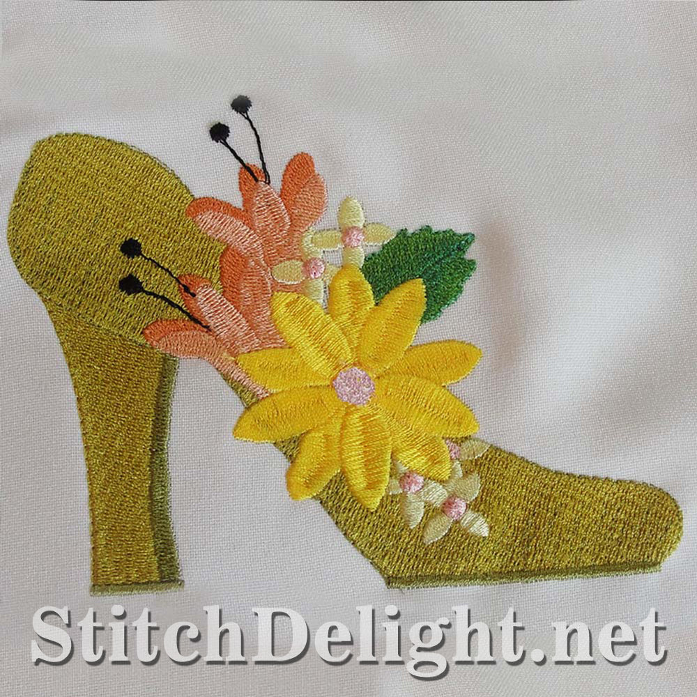 Elegant single design featuring stunning shoes with exquisite flowers for the 4x4 hoop