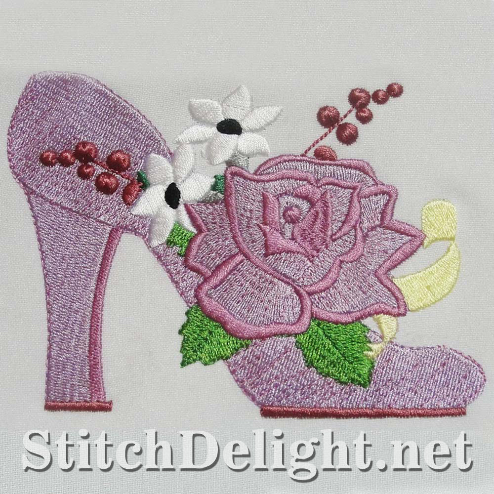 Elegant single design featuring stunning shoes with exquisite flowers for the 4x4 hoop